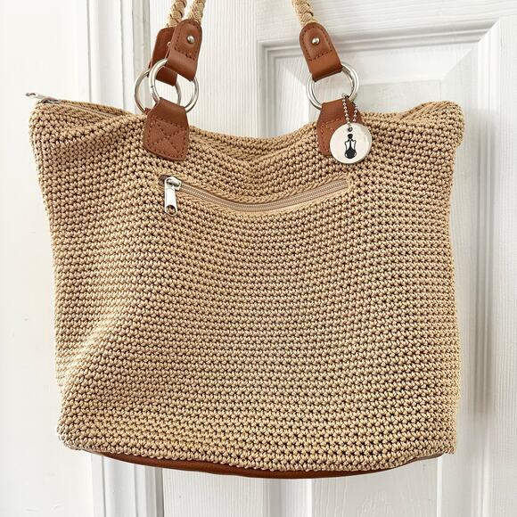 The Sak Solid Beige Crochet Cambria Shoulder Tote Top Zip Rope Straps Tan Trim - Picture 6 of 8